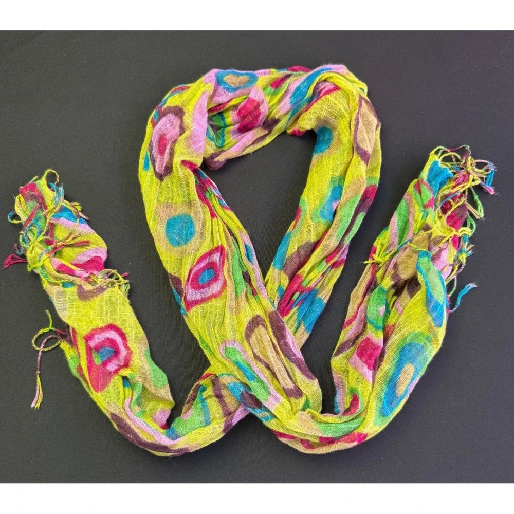 Abstract Circle Print Scarf Green Pink Gauze Fringe Boho Artsy Wrap Eclectic